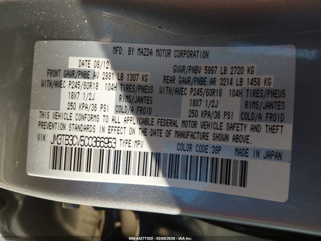 Продаж на аукціоні авто 2012 Mazda Cx-9 Touring, vin: JM3TB3CV5C0366953, номер лоту: 44277302