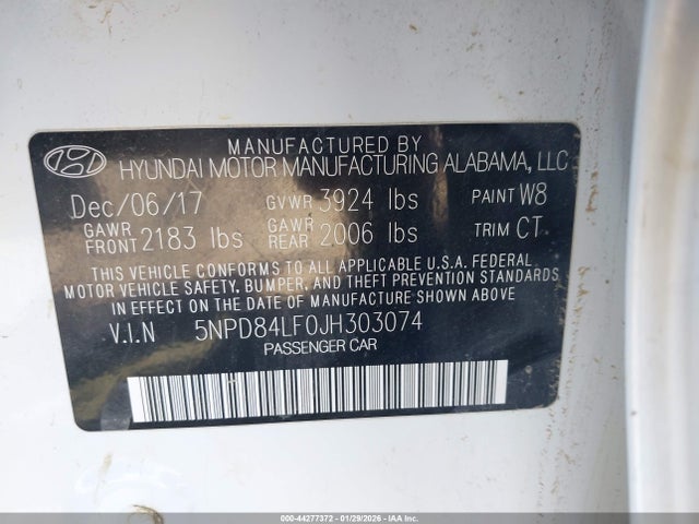 5NPD84LF0JH303074 Hyundai ELANTRA SEL