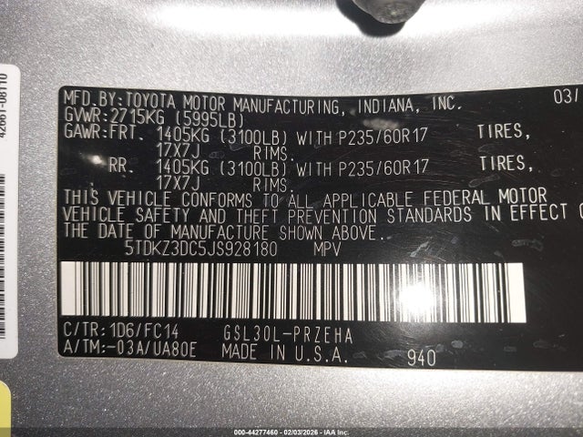 5TDKZ3DC5JS928180 Toyota Sienna Le 8 Passenger