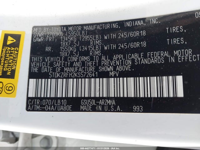 5TDKZRFH2KS572641 Toyota Highlander Xle