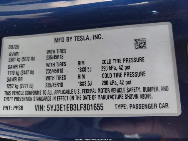 Продажа на аукционе авто 2020 Tesla Model 3 Long Range Dual Motor All-wheel Drive, vin: 5YJ3E1EB3LF801655, номер лота: 44277495