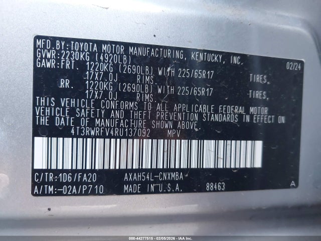 4T3RWRFV4RU137092 Toyota Rav4 Hybrid Xle