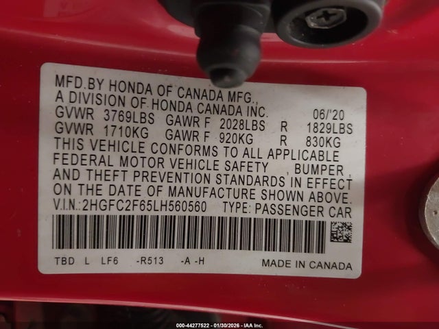 44277522 :رقم المزاد ، 2HGFC2F65LH560560 vin ، 2020 Honda Civic Lx مزاد بيع