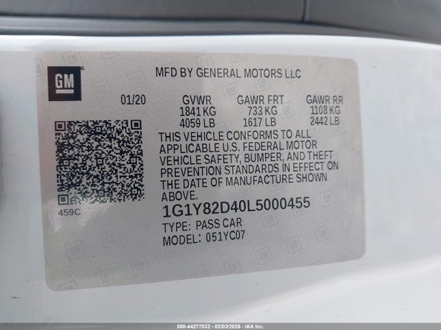 1G1Y82D40L5000455 Chevrolet Corvette Stingray Rwd 3lt