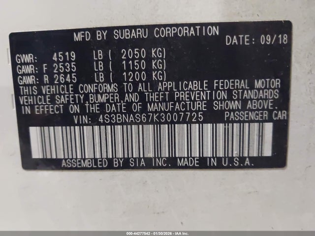 4S3BNAS67K3007725 Subaru Legacy 2.5i Sport