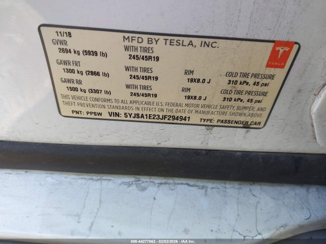 Aukcja sprzedaży 2018 Tesla Model S 100d/75d/p100d, vin: 5YJSA1E23JF294941, numer aukcji: 44277562
