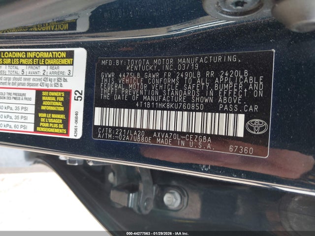 2019 TOYOTA CAMRY 4T1B11HK8KU760850 Photo 8