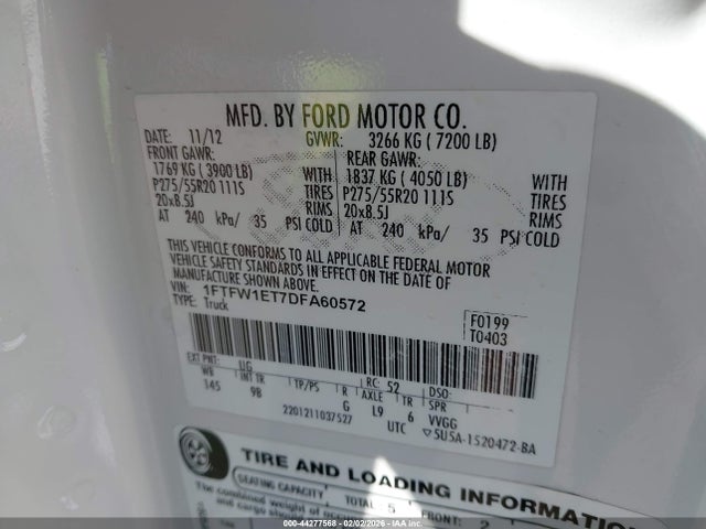 2013 Ford F-150 Platinum მანქანა იყიდება აუქციონზე, vin: 1FTFW1ET7DFA60572, აუქციონის ნომერი: 44277568