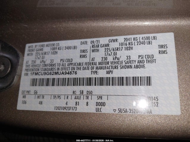 2021 Ford Escape Se მანქანა იყიდება აუქციონზე, vin: 1FMCU9G62MUA94876, აუქციონის ნომერი: 44277711
