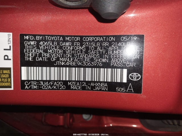 Продаж на аукціоні авто 2019 Toyota Corolla Se, vin: JTNK4RBE9K3063976, номер лоту: 44277765