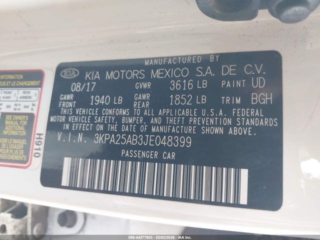 3KPA25AB3JE048399 KIA RIO LX