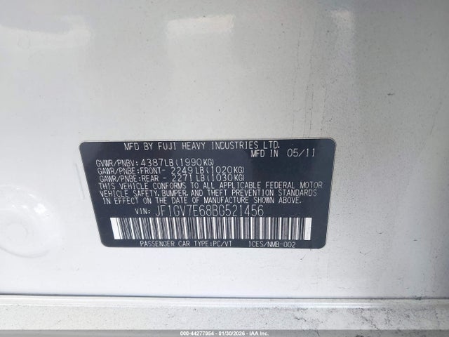 2011 Subaru Impreza Wrx მანქანა იყიდება აუქციონზე, vin: JF1GV7E68BG521456, აუქციონის ნომერი: 44277954