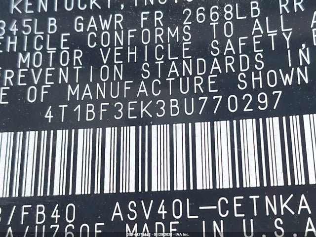 44278132 :رقم المزاد ، 4T1BF3EK3BU770297 vin ، 2011 Toyota Camry Le مزاد بيع