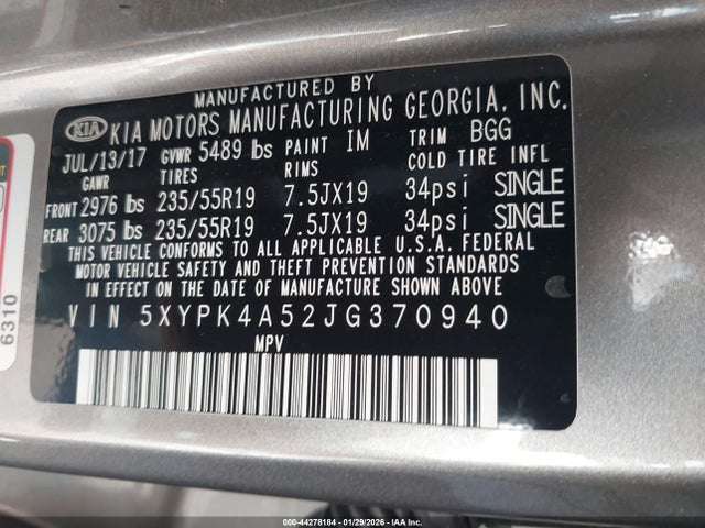 5XYPK4A52JG370940 KIA Sorento 3.3l Sx