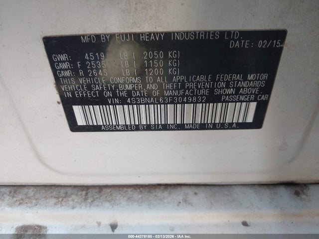 44278185 :رقم المزاد ، 4S3BNAL63F3049832 vin ، 2015 Subaru Legacy 2.5i Limited مزاد بيع