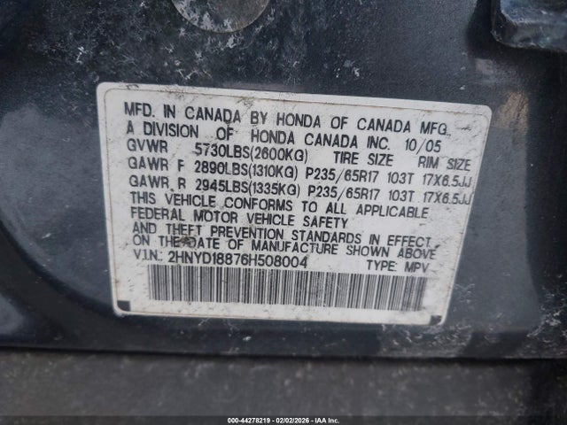 44278219 :رقم المزاد ، 2HNYD18876H508004 vin ، 2006 Acura Mdx مزاد بيع