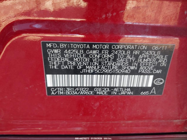 2011 Lexus Is 250 მანქანა იყიდება აუქციონზე, vin: JTHBF5C29B5150940, აუქციონის ნომერი: 44278272