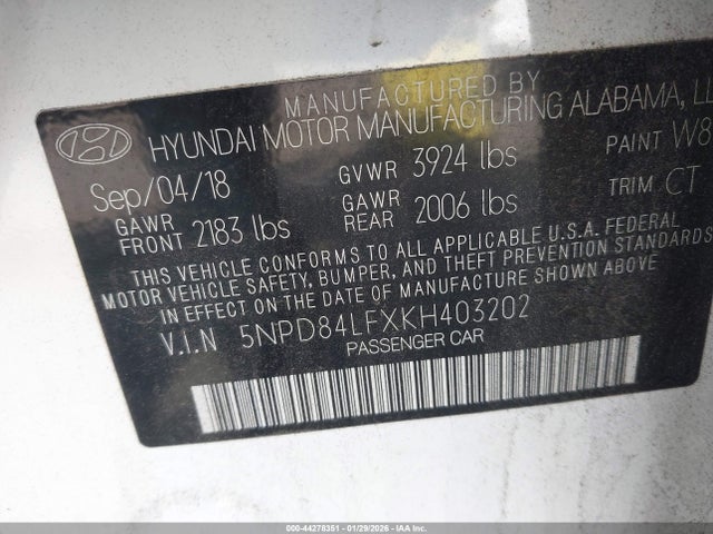 5NPD84LFXKH403202 Hyundai ELANTRA SEL