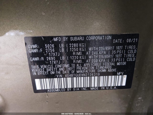 4S4BTGUDXN3136319 Subaru Outback Wilderness
