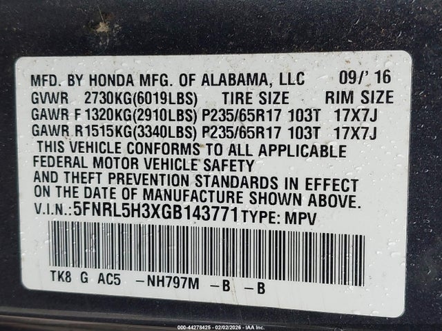 5FNRL5H3XGB143771 Honda ODYSSEY SE