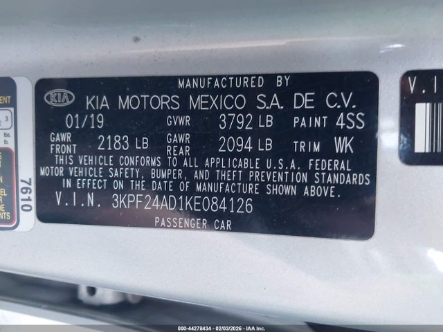 3KPF24AD1KE084126 KIA Forte Lxs