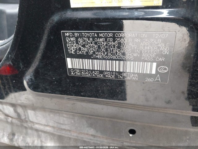 44278483 :رقم المزاد ، JTHBE96S980032995 vin ، 2008 Lexus Gs 350 مزاد بيع