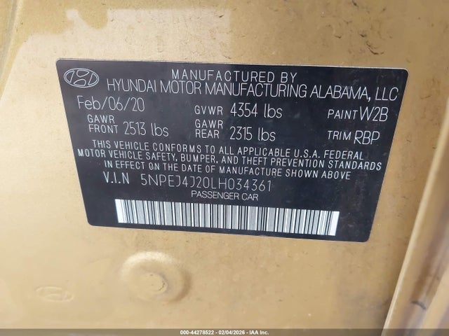44278522 :رقم المزاد ، 5NPEJ4J20LH034361 vin ، 2020 Hyundai Sonata Sel Plus مزاد بيع