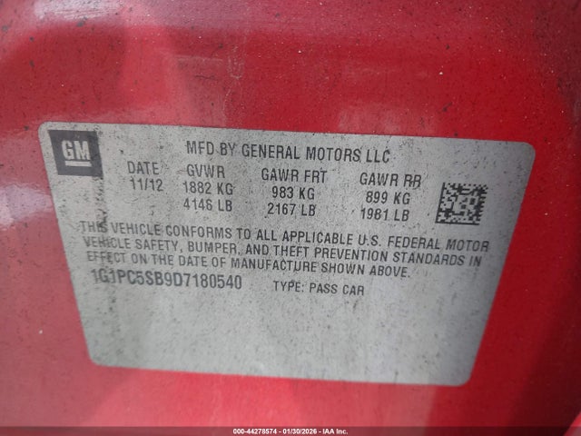 44278574 :رقم المزاد ، 1G1PC5SB9D7180540 vin ، 2013 Chevrolet Cruze 1lt Auto مزاد بيع