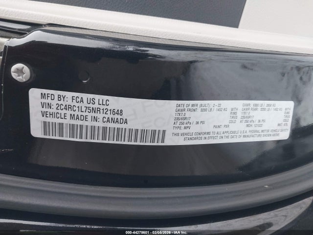 Aukcja sprzedaży 2022 Chrysler Pacifica Hybrid Touring L, vin: 2C4RC1L75NR121648, numer aukcji: 44278601