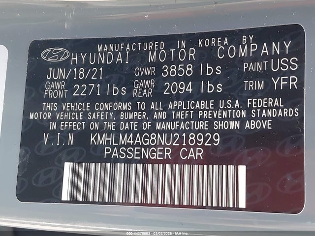 KMHLM4AG8NU218929 Hyundai ELANTRA SEL