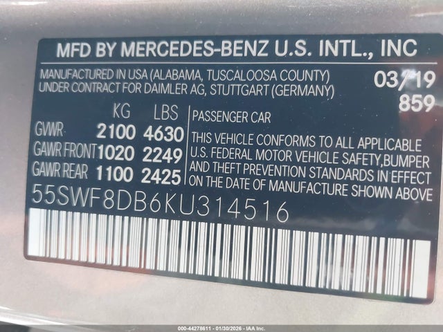Продажа на аукционе авто 2019 Mercedes-benz C 300, vin: 55SWF8DB6KU314516, номер лота: 44278611