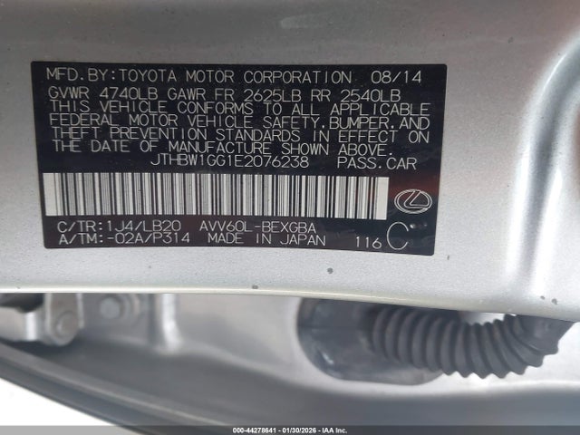 Aukcja sprzedaży 2014 Lexus Es 300h, vin: JTHBW1GG1E2076238, numer aukcji: 44278641