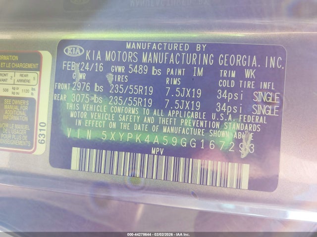 5XYPK4A59GG167293 KIA Sorento 3.3l Sxl