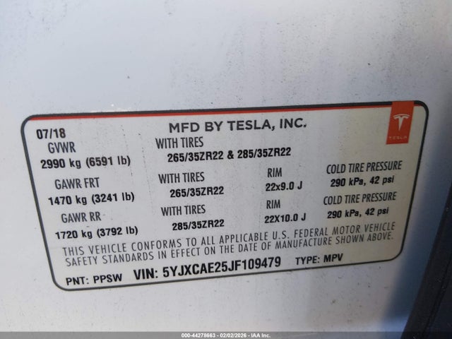 5YJXCAE25JF109479 Tesla Model X 100d/75d/p100d