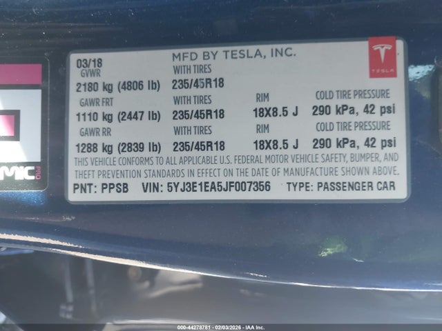 2018 TESLA MODEL 3 5YJ3E1EA5JF007356 Photo 8