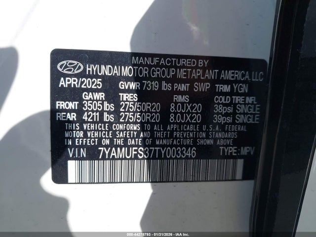 Aukcja sprzedaży 2026 Hyundai Ioniq 9 Sel, vin: 7YAMUFS37TY003346, numer aukcji: 44278793