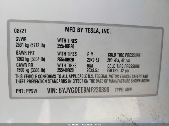 5YJYGDEE9MF239399 Tesla Model Y Long Range Dual Motor All-wheel Drive