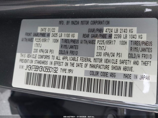 Aukcja sprzedaży 2022 Mazda Cx-5 2.5 S Select, vin: JM3KFBBM3N0560192, numer aukcji: 44278831