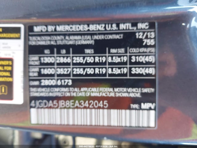 Aukcja sprzedaży 2014 Mercedes-benz Ml 350, vin: 4JGDA5JB8EA342045, numer aukcji: 44278838