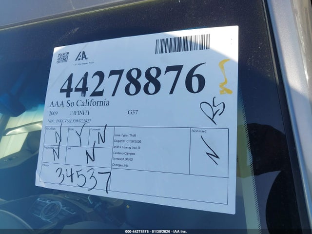 Продажа на аукционе авто 2009 Infiniti G37, vin: JNKCV66EX9M722827, номер лота: 44278876