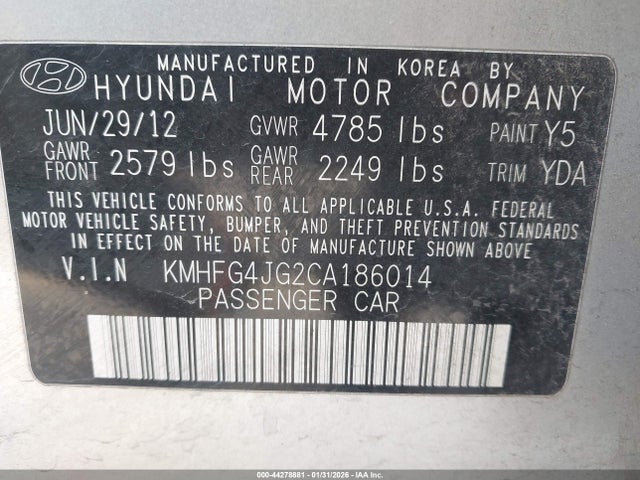 2012 Hyundai Azera მანქანა იყიდება აუქციონზე, vin: KMHFG4JG2CA186014, აუქციონის ნომერი: 44278881