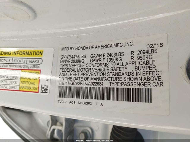 1HGCV2F57JA022684 Honda Accord Ex-l 2.0t