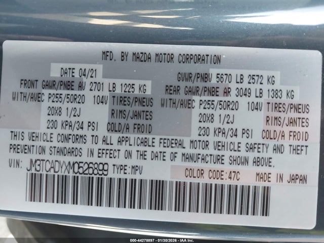 JM3TCADYXM0526899 Mazda Cx-9 Carbon Edition