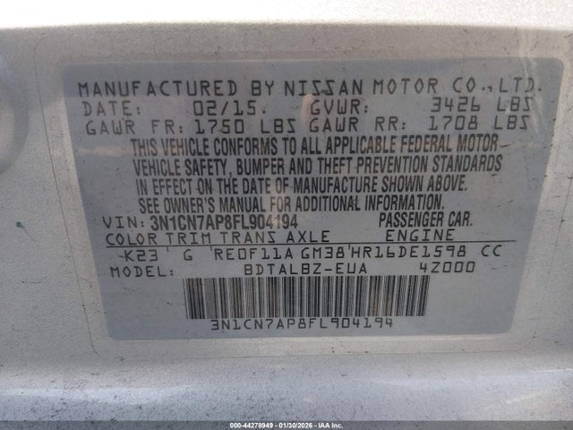 3N1CN7AP8FL904194 Nissan Versa 1.6 Sv