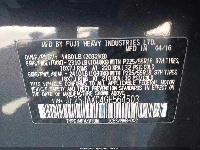 Продажа на аукционе авто 2016 Subaru Forester 2.5i Touring, vin: JF2SJAXC4GH564503, номер лота: 44278973