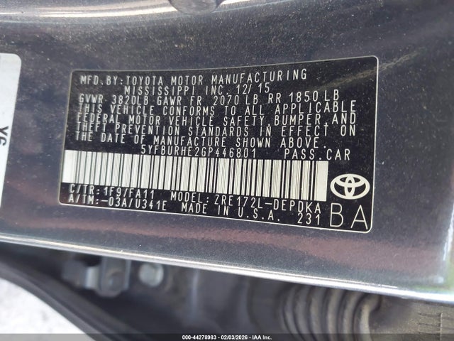 5YFBURHE2GP446801 Toyota COROLLA L