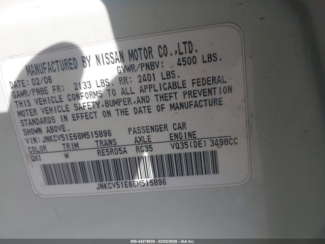 Aukcja sprzedaży 2006 Infiniti G35, vin: JNKCV51E66M515896, numer aukcji: 44279030