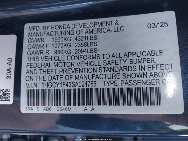 1HGCY1F43SA024765 Honda ACCORD SE