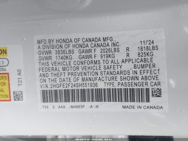 Honda Civic Lx 2025 2HGFE2F24SH551936 Image 9