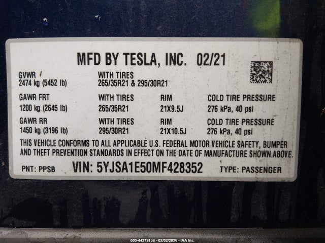 Продаж на аукціоні авто 2021 Tesla Model S Long Range Dual Motor All-wheel Drive, vin: 5YJSA1E50MF428352, номер лоту: 44279108